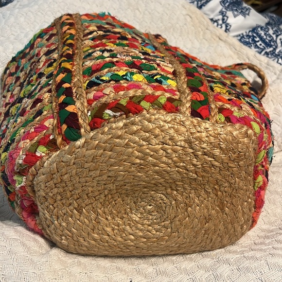 Rainbow Recycled Cloth Jute Tote Shoulder Bag Multi Handwoven Braided Chindi - Picture 6 of 7
